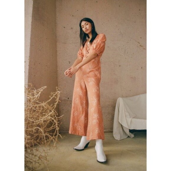 Capulet Isalina Linen Cropped Jumpsuit S Oleander Floral Puff Sleeve Wide Leg - Picture 3 of 14